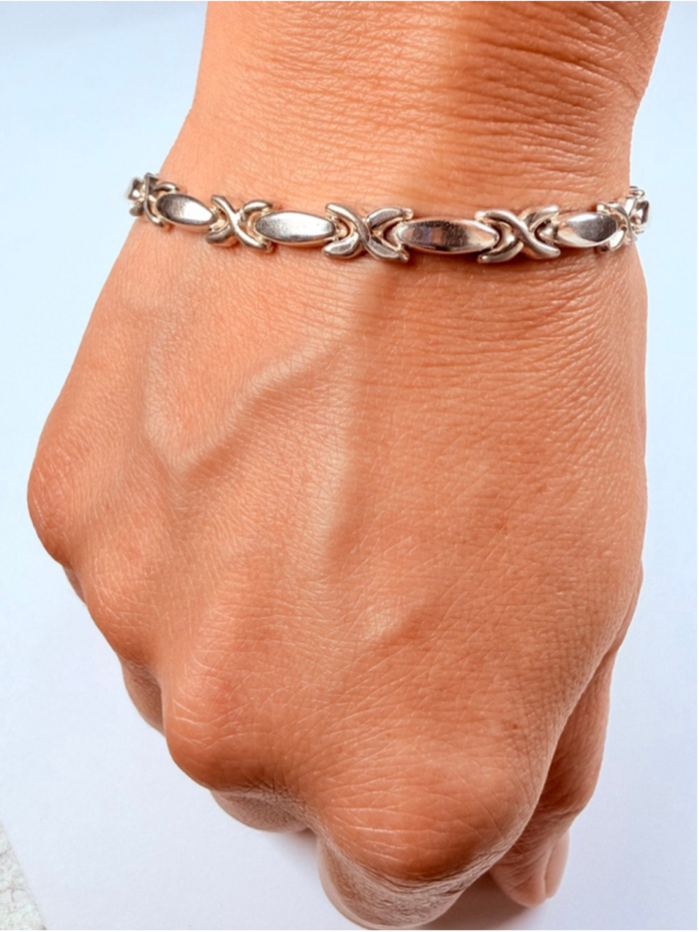 Modern Sleek XO Link 925 Sterling Silver 5.5MM Vintage Tennis Bracelet Italy - Picture 4 of 9